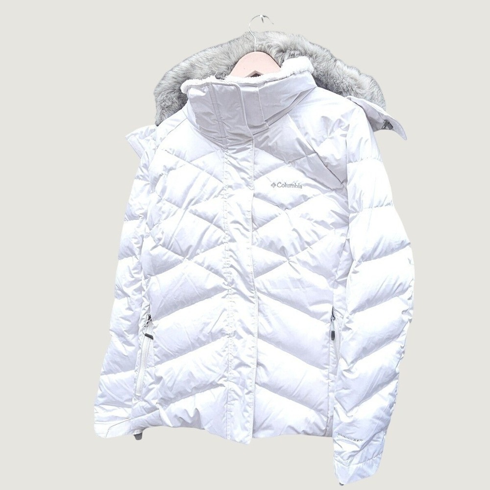 Columbia Lay D Down Jacket Plus Size 2X White Omni-Heat Puffer Ski Coat Faux Fur